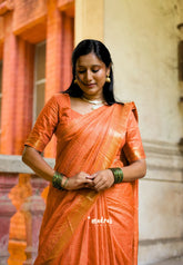 Carrot Orange - Sithara - Semi Tussar saree Golden zari Checks in body with Zari Border
